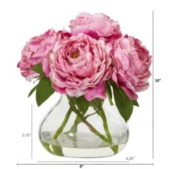 10” Peony Artificial Arrangement In Clear Glass Vase