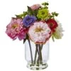10.5" Artificial Peony And Mum In Glass Vase"
