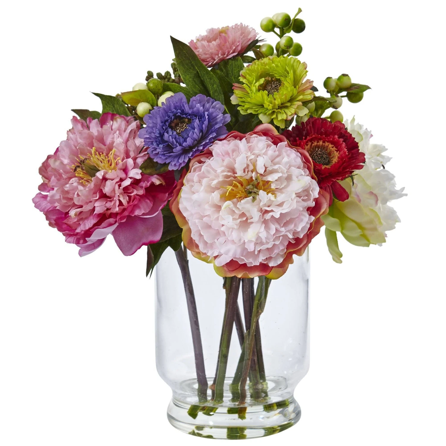 10.5" Artificial Peony And Mum In Glass Vase" 1 10.5" Artificial Peony And Mum In Glass Vase"