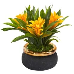 11” Bromeliad Artificial Plant In Stoneware Planter -Artificial Trees Store artificial 11 bromeliad artificial plant in stoneware planter nearly natural yellow 417999