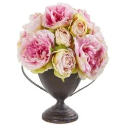 11” Peony Artificial Arrangement In Metal Goblet