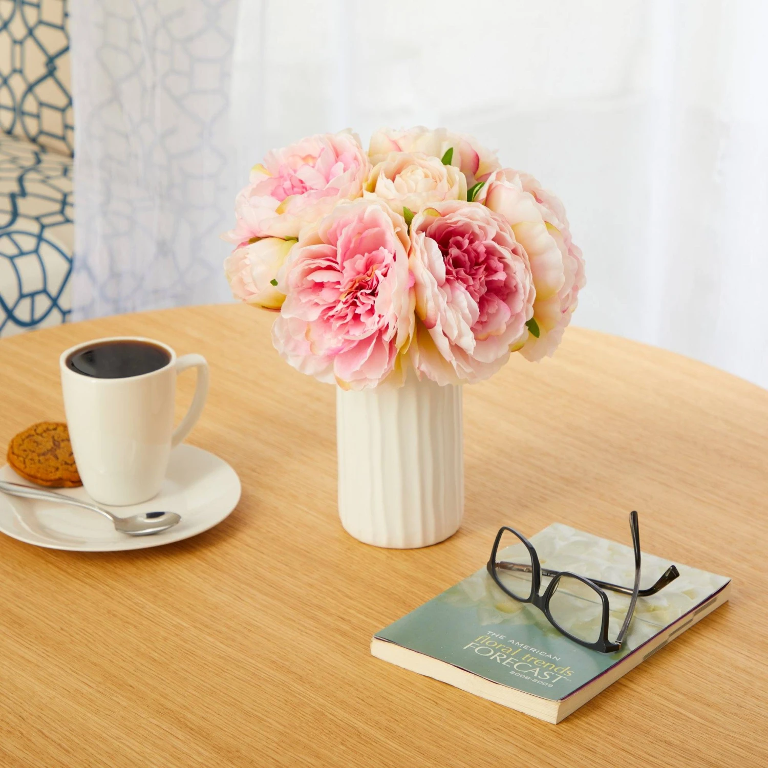 11” Peony Bouquet Artificial Arrangement In White Vase 6 11” Peony Bouquet Artificial Arrangement In White Vase - Image 6