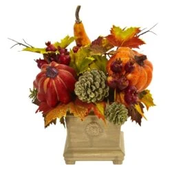 11" Pumpkin, Gourd, Berry And Maple Leaf Artificial Arrangement"
