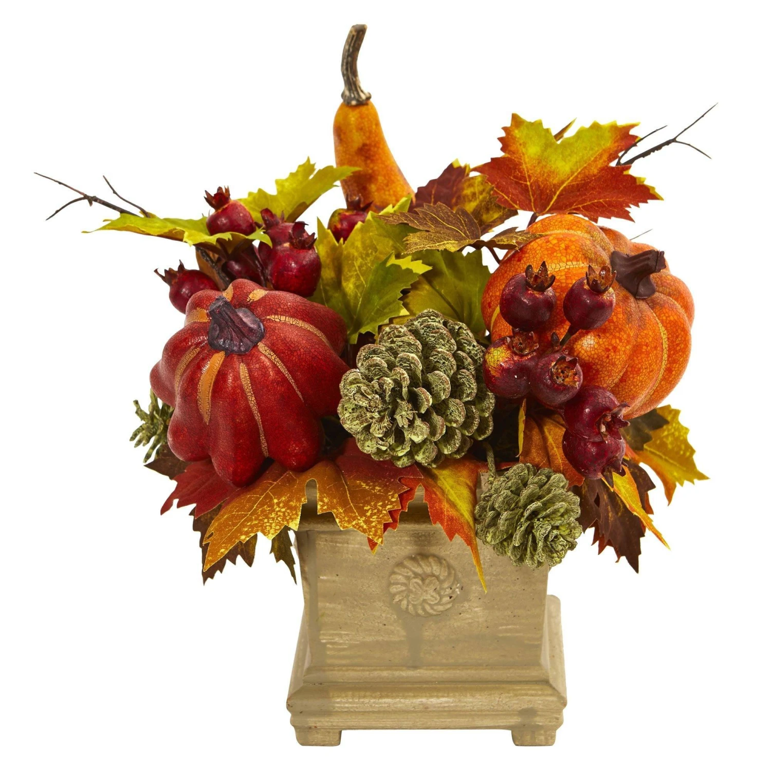 11" Pumpkin, Gourd, Berry And Maple Leaf Artificial Arrangement" 1 11" Pumpkin, Gourd, Berry And Maple Leaf Artificial Arrangement"
