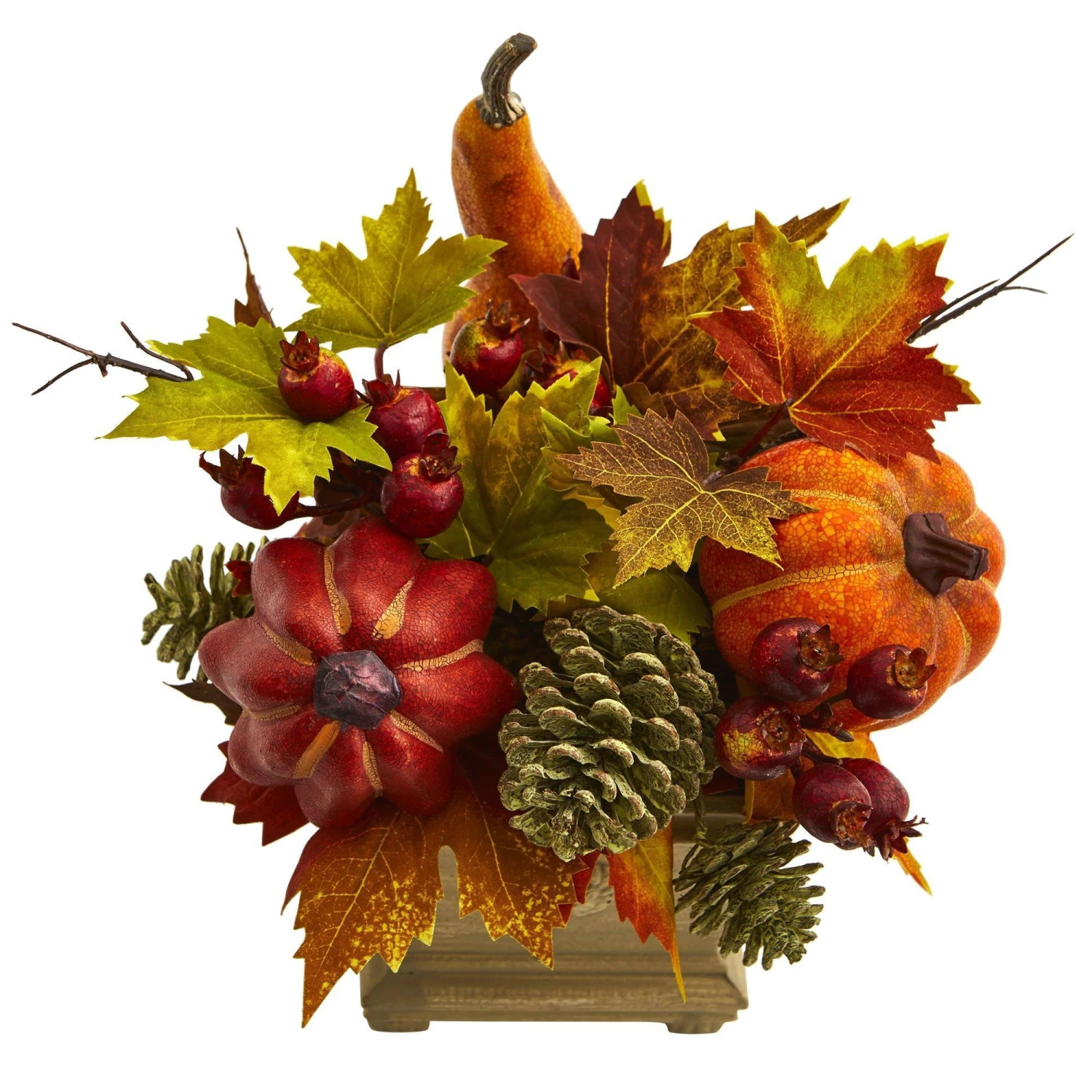 11" Pumpkin, Gourd, Berry And Maple Leaf Artificial Arrangement" 2 11" Pumpkin, Gourd, Berry And Maple Leaf Artificial Arrangement" - Image 2