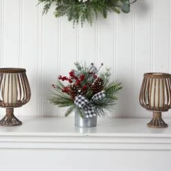 12” Frosted Pinecones And Berries Artificial Arrangement In Vase With Decorative Plaid Bow -Artificial Trees Store artificial 12 frosted pinecones and berries artificial arrangement in vase with decorative plaid bow nearly natural 320570