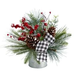 12” Frosted Pinecones And Berries Artificial Arrangement In Vase With Decorative Plaid Bow