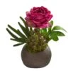 12” Peony And Succulent Artificial Arrangement In Stone Vase