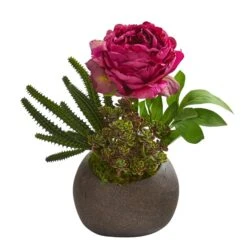 12” Peony And Succulent Artificial Arrangement In Stone Vase