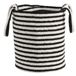 13” Boho Chic Basket Natural Cotton, Handwoven Black And White Stripe With Handles