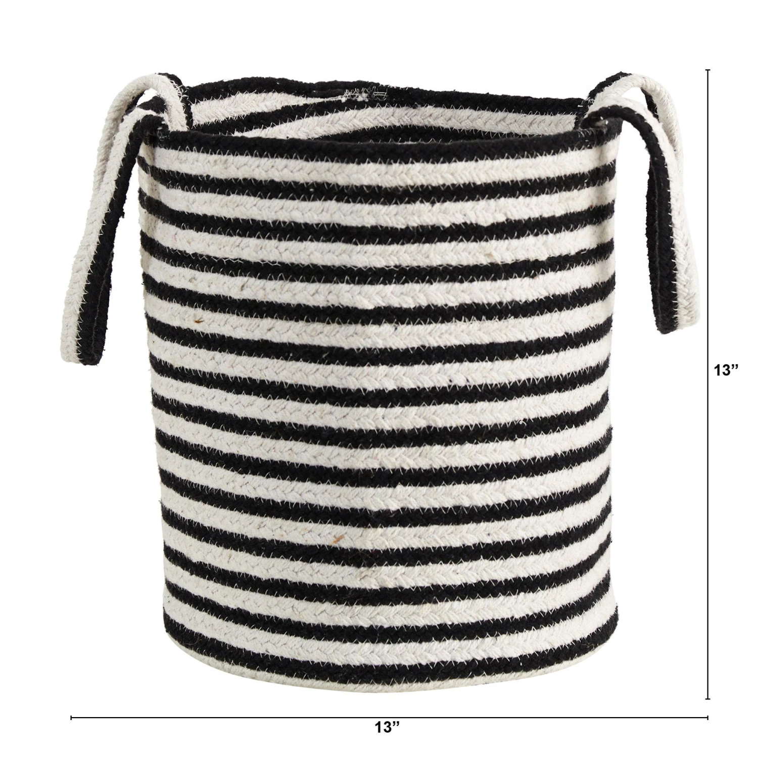 13” Boho Chic Basket Natural Cotton, Handwoven Black And White Stripe With Handles 2 13” Boho Chic Basket Natural Cotton, Handwoven Black And White Stripe With Handles - Image 2