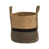 13" Boho Chic Basket Natural Jute Basket Planter, Black Bottom Natural Top With Handles"