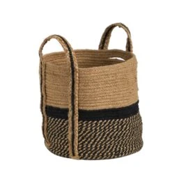 13" Boho Chic Basket Natural Jute Basket Planter, Black Bottom Natural Top With Handles" -Artificial Trees Store artificial 13 boho chic basket natural jute basket planter black bottom natural top with handles nearly natural 924165