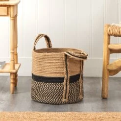 13" Boho Chic Basket Natural Jute Basket Planter, Black Bottom Natural Top With Handles" -Artificial Trees Store artificial 13 boho chic basket natural jute basket planter black bottom natural top with handles nearly natural 927809