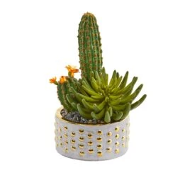13” Mixed Succulent And Cactus Artificial Plant In Decorative Planter