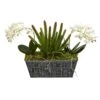 13” Orchid Phalaenopsis And Succulent Artificial Arrangement In Embossed Tin Vase