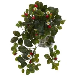 13” Strawberry Artificial Plant In Vintage Hanging Metal Planter