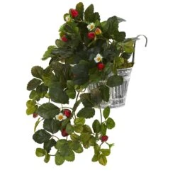 13” Strawberry Artificial Plant In Vintage Hanging Metal Planter -Artificial Trees Store artificial 13 strawberry artificial plant in vintage hanging metal planter nearly natural 495350