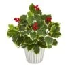 13” Variegated Holly Leaf Artificial Plant In White Planter With Silver Trimming (Real Touch)