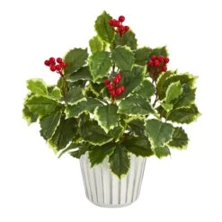 13” Variegated Holly Leaf Artificial Plant In White Planter With Silver Trimming (Real Touch)