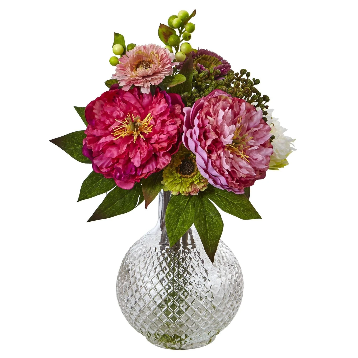 14" Artificial Peony And Mum In Glass Vase" 1 14" Artificial Peony And Mum In Glass Vase"