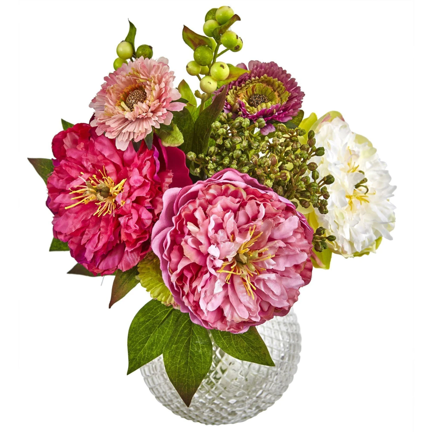 14" Artificial Peony And Mum In Glass Vase" 2 14" Artificial Peony And Mum In Glass Vase" - Image 2