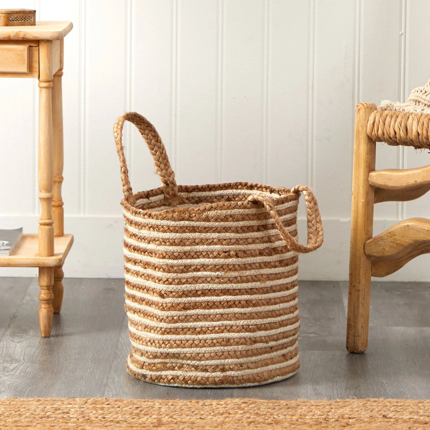 14” Boho Chic Basket Natural Cotton And Jute, Handwoven Stripe With Handles 6 14” Boho Chic Basket Natural Cotton And Jute, Handwoven Stripe With Handles - Image 6