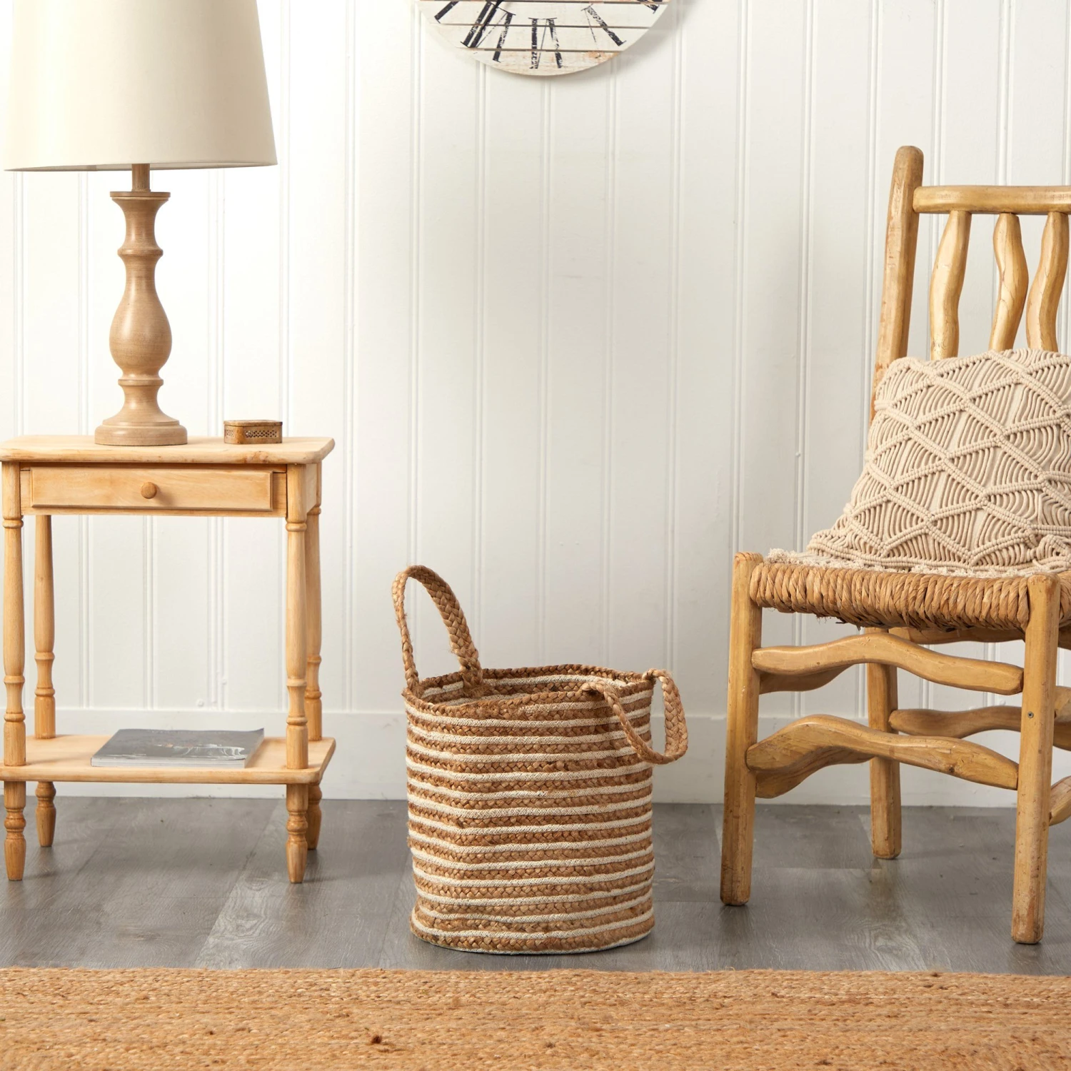 14” Boho Chic Basket Natural Cotton And Jute, Handwoven Stripe With Handles 7 14” Boho Chic Basket Natural Cotton And Jute, Handwoven Stripe With Handles - Image 7