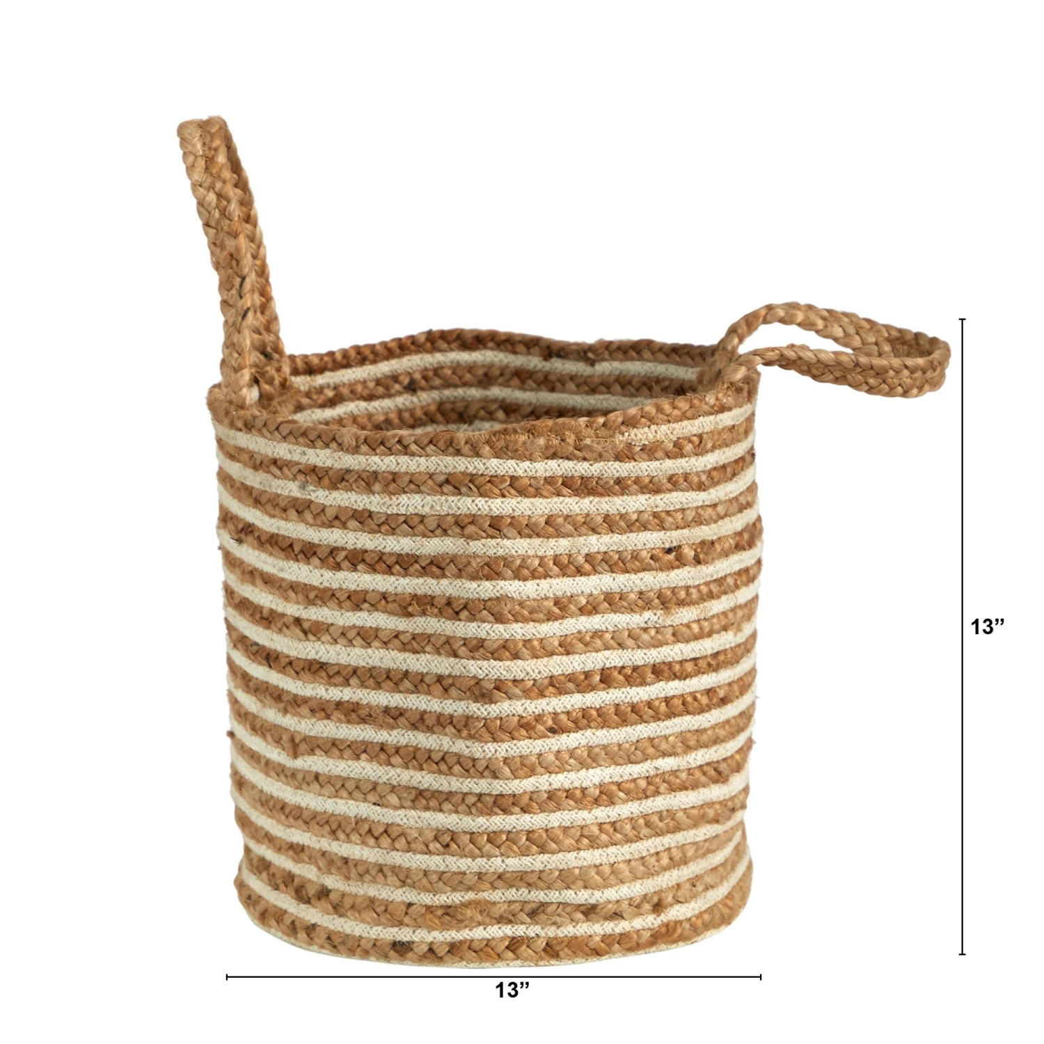 14” Boho Chic Basket Natural Cotton And Jute, Handwoven Stripe With Handles 2 14” Boho Chic Basket Natural Cotton And Jute, Handwoven Stripe With Handles - Image 2