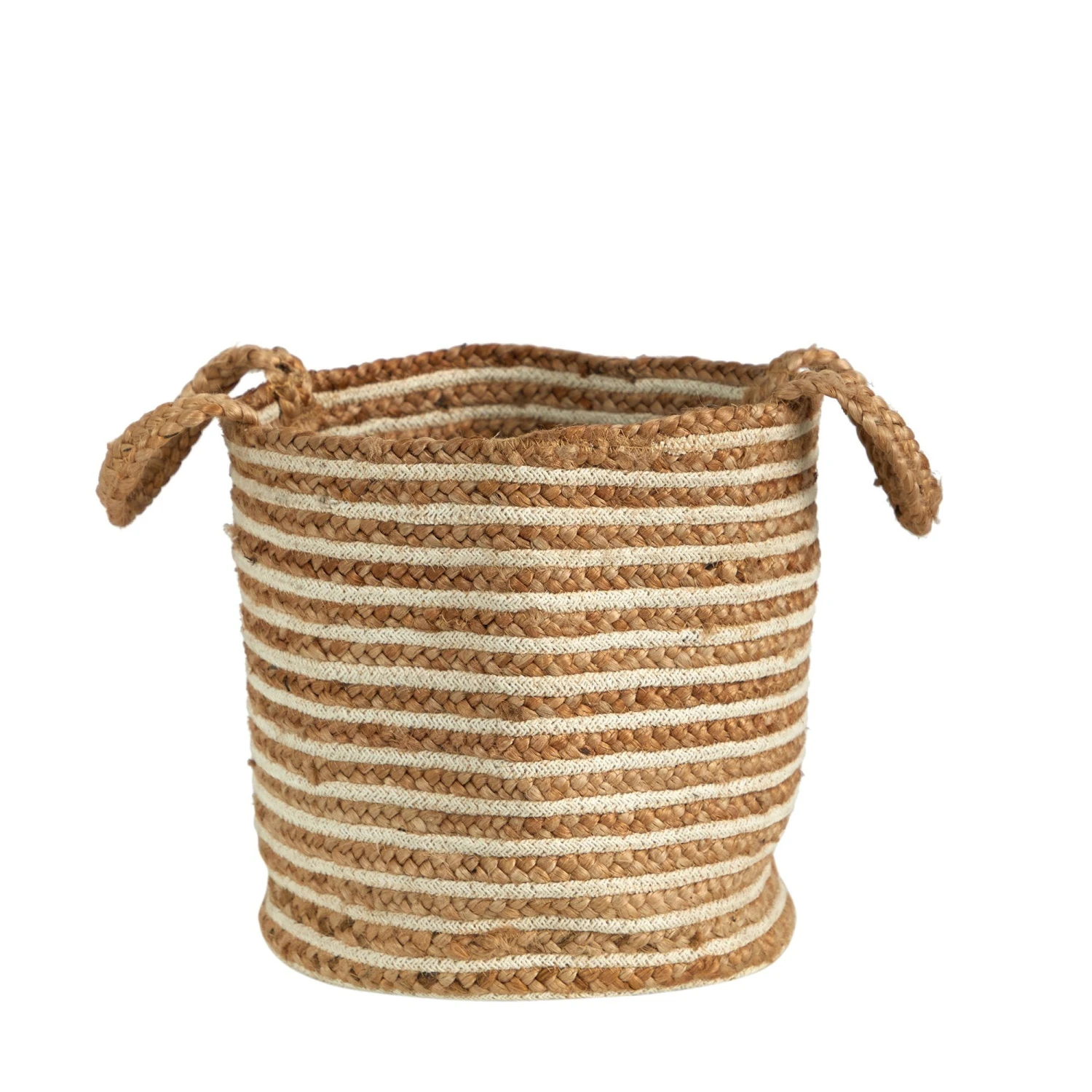 14” Boho Chic Basket Natural Cotton And Jute, Handwoven Stripe With Handles 3 14” Boho Chic Basket Natural Cotton And Jute, Handwoven Stripe With Handles - Image 3