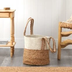 14” Boho Chic Basket Natural Cotton And Jute With Handles 12 14” Boho Chic Basket Natural Cotton And Jute With Handles -Artificial Trees Store artificial 14 boho chic basket natural cotton and jute with handles nearly natural 887529