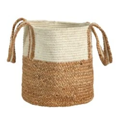 14” Boho Chic Basket Natural Cotton And Jute With Handles