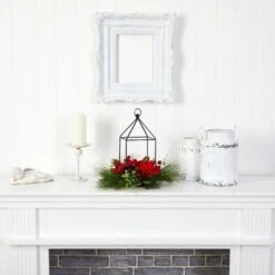 14” Christmas Poinsettia, Berry And Pinecone Metal Candle Holder Christmas Table Arrangement -Artificial Trees Store artificial 14 christmas poinsettia berry and pinecone metal candle holder christmas table arrangement nearly natural 673440