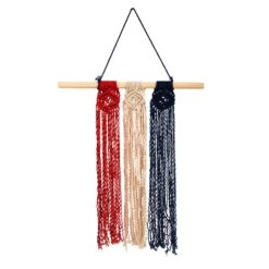 14” X 24” Red White And Blue “Americana” Macrame Wall Hanging Art Decor