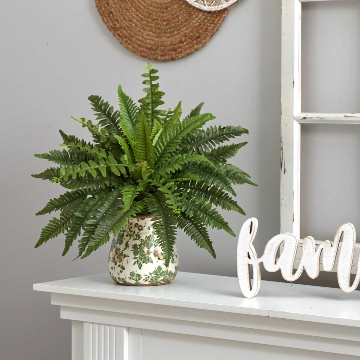 15” Boston Fern Artificial Plant With Tuscan Ceramic Green Scroll Planter 2 15” Boston Fern Artificial Plant With Tuscan Ceramic Green Scroll Planter - Image 2