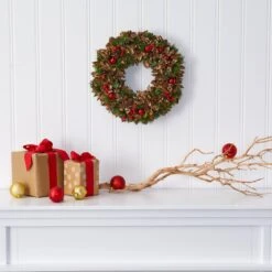 15” Holiday Artificial Wreath With Pine Cones And Ornaments -Artificial Trees Store artificial 15 holiday artificial wreath with pine cones and ornaments nearly natural 245109