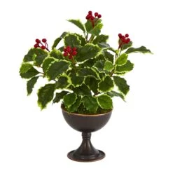 15” Variegated Holly Artificial Plant In Metal Chalice (Real Touch)