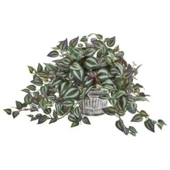 15” Wandering Jew Artificial Plant In Vintage Metal Hanging Planter