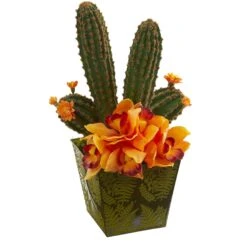 16” Cymbidium Orchid And Cactus Artificial Arrangement In Green Vase