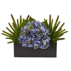 16” Hydrangea And Succulent Artificial Arrangement In Matte Black Vase