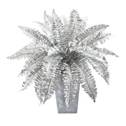 16” Metallic Silver Boston Fern Artificial Plant In Embossed White Planter