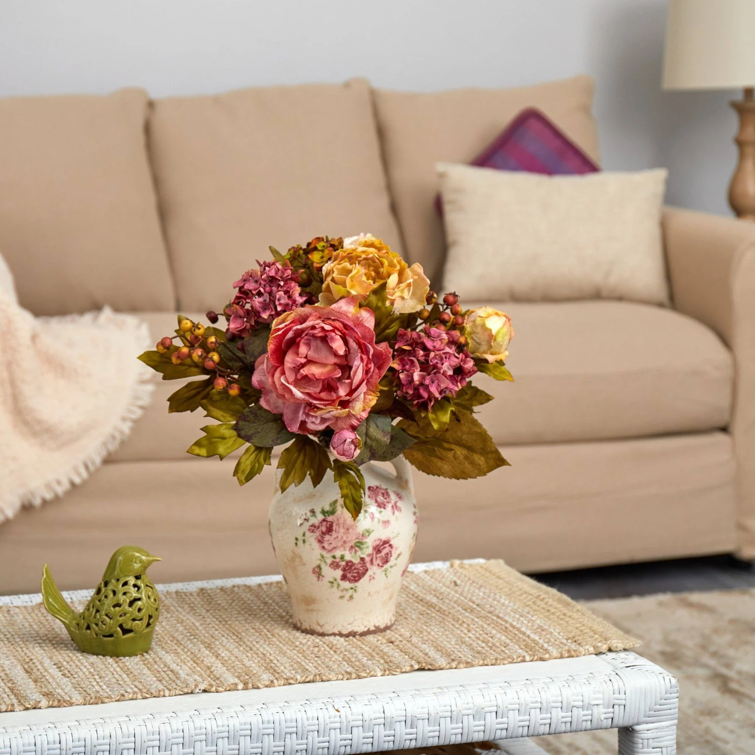 16” Peony Artificial Arrangement In Flower Print Jar 2 16” Peony Artificial Arrangement In Flower Print Jar - Image 2