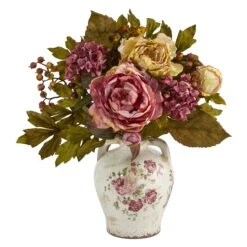 16” Peony Artificial Arrangement In Flower Print Jar