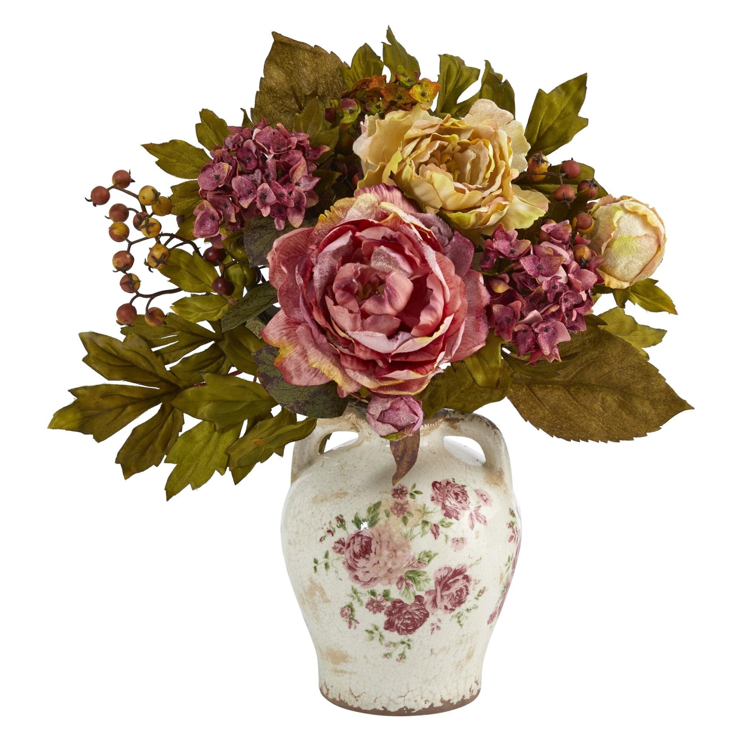 16” Peony Artificial Arrangement In Flower Print Jar 1 16” Peony Artificial Arrangement In Flower Print Jar