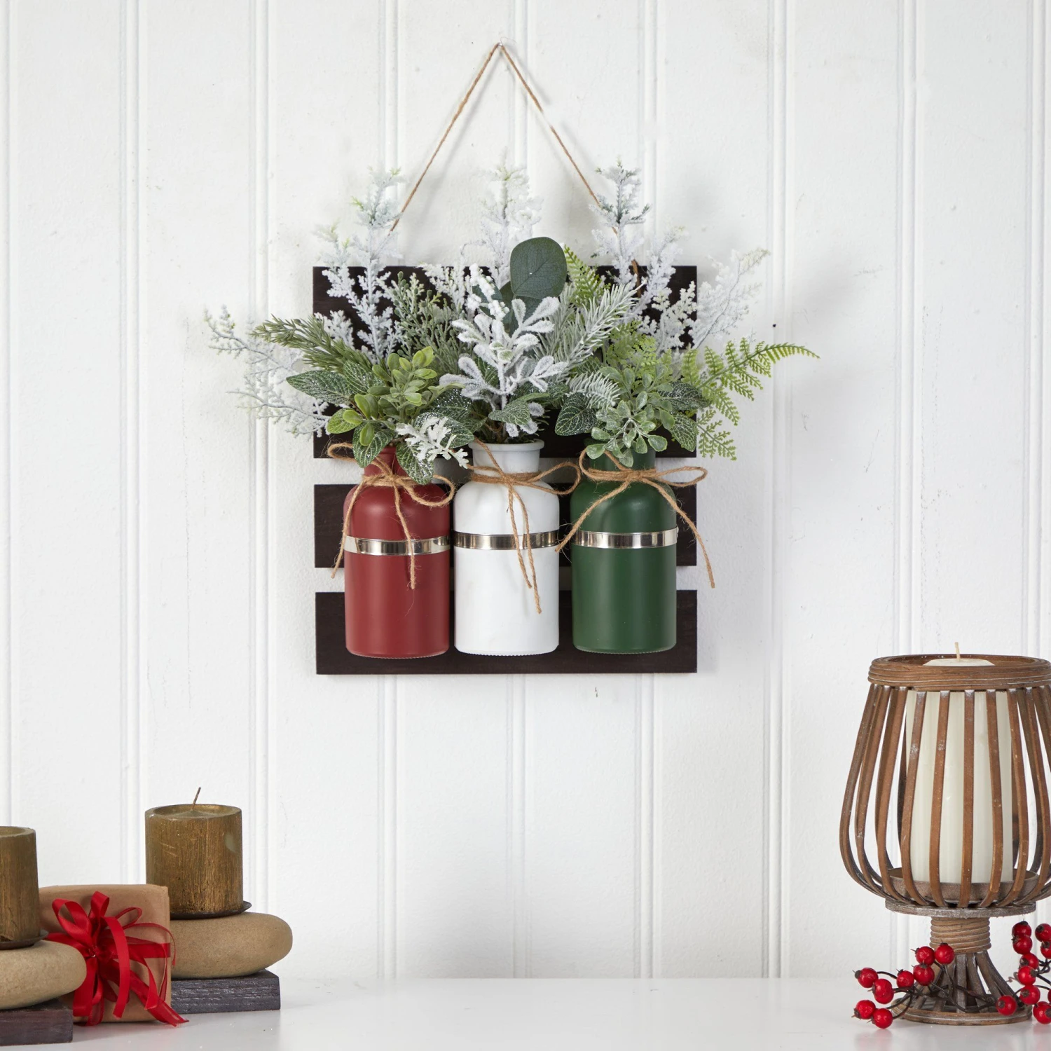 17” Holiday Assorted Christmas Pine Hanging Three Piece Mason Jar Arrangement Wall Art Décor 4 17” Holiday Assorted Christmas Pine Hanging Three Piece Mason Jar Arrangement Wall Art Décor - Image 4