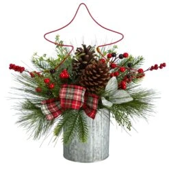 17” Pinecone And Berries Arrangement With Decorative Metal Vase And Wrired Red Tree