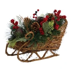18” Christmas Sleigh With Pine, Pinecones And Berries Artificial Christmas Arrangement