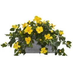 18" Hibiscus Artificial Plant In Stone Planter"