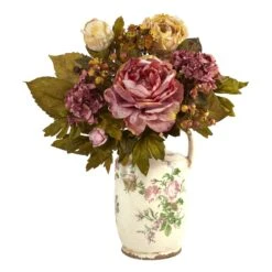 18” Peony Artificial Arrangement In Floral Pitcher