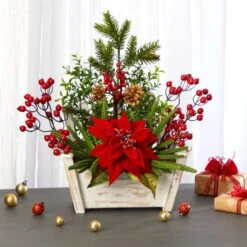 18” Poinsettia, Succulent And Berry Artificial Arrangement In Bench Planter -Artificial Trees Store artificial 18 poinsettia succulent and berry artificial arrangement in bench planter nearly natural 492155
